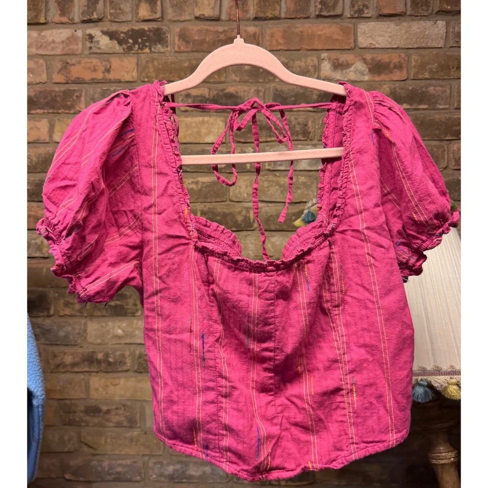 Free People Pink Puff Sleeve Smocked Back Square Neck Boho Top Medium